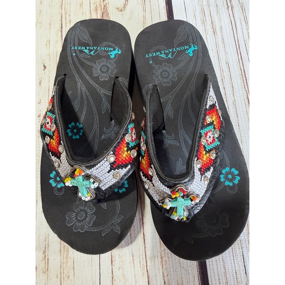 Montana West Other - Montana West Girls Black Beaded Cross Platform Flip Flops Sandals Small 12 13